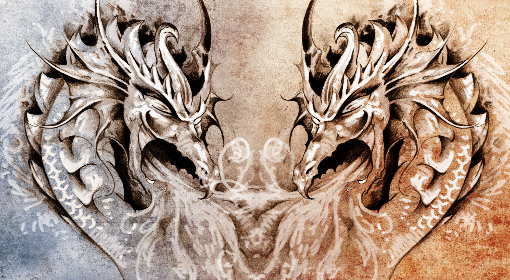 two dragon heads breathing smoke